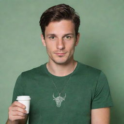 Upper body of a 25-year-old Swiss male. He has an angular oval face, short medium brown hair styled with a middle parting. Brown eyes, strong eyebrows, light freckled skin with a short beard. He is wearing a green T-shirt and a silver bull's head necklace. He is holding a white espresso cup and is set against a backdrop of office desks.