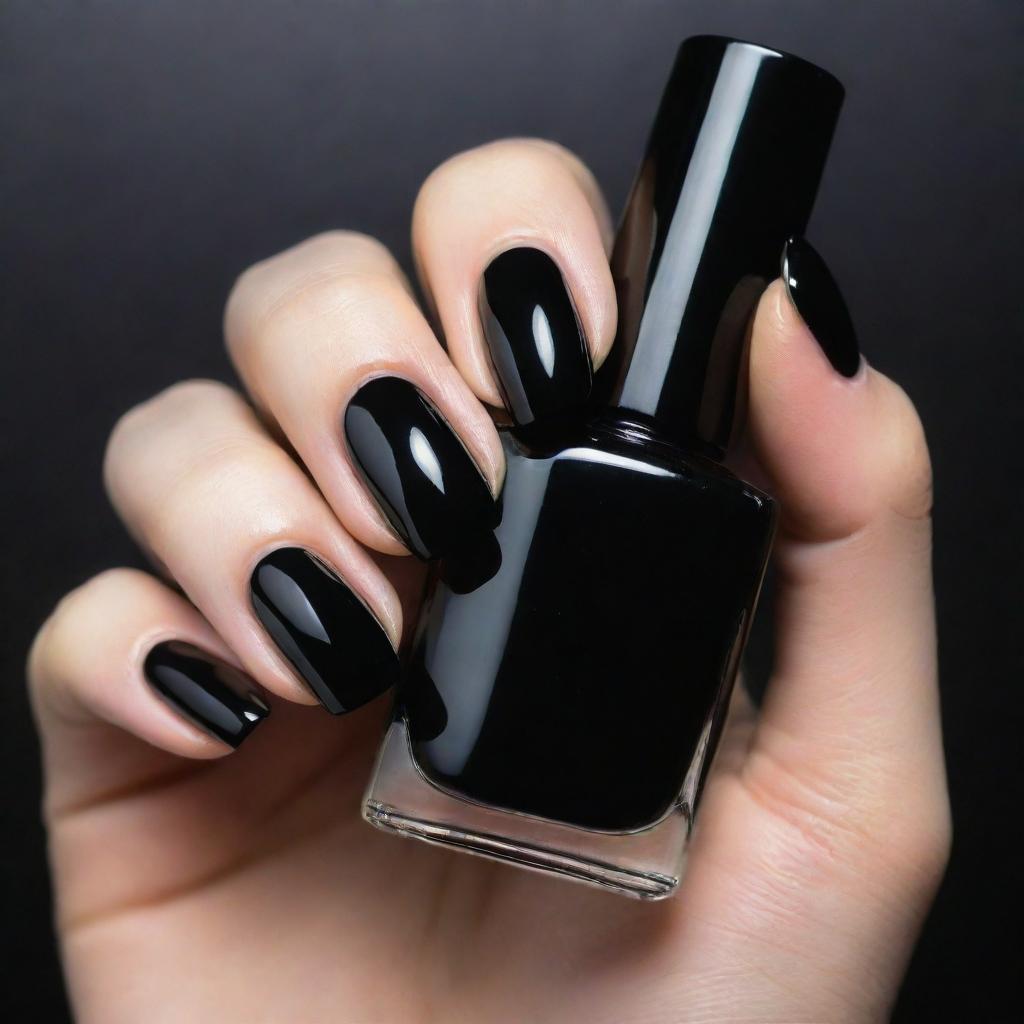 A glossy, jet black 200mm nail polish bottle with a distinctive cat eye design on the front.