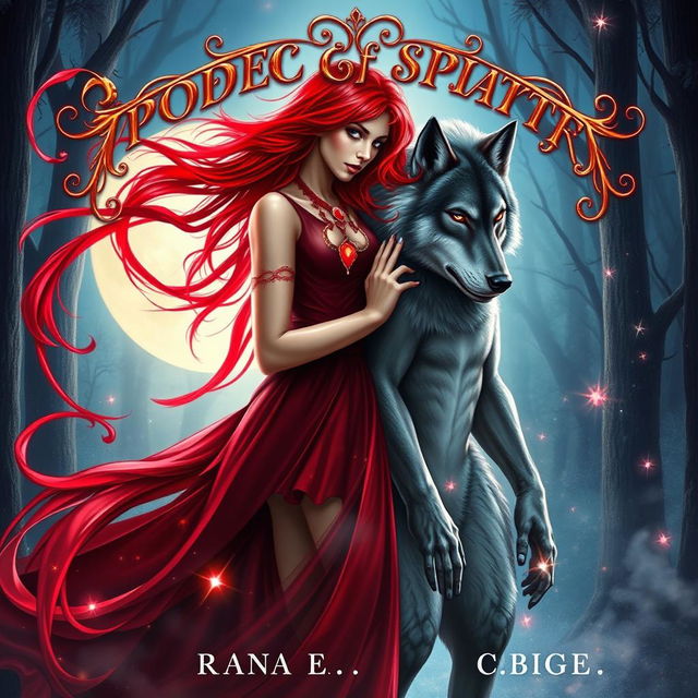 A romantic fantasy book cover featuring a powerful sorceress with the ability to manipulate blood and a shapeshifter