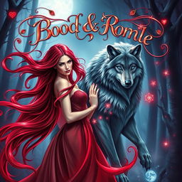 A romantic fantasy book cover featuring a powerful sorceress with the ability to manipulate blood and a shapeshifter