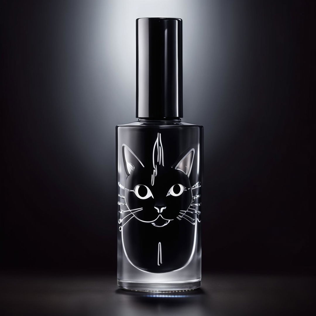 A glossy, jet black 200mm nail polish bottle with a distinctive cat eye design on the front.