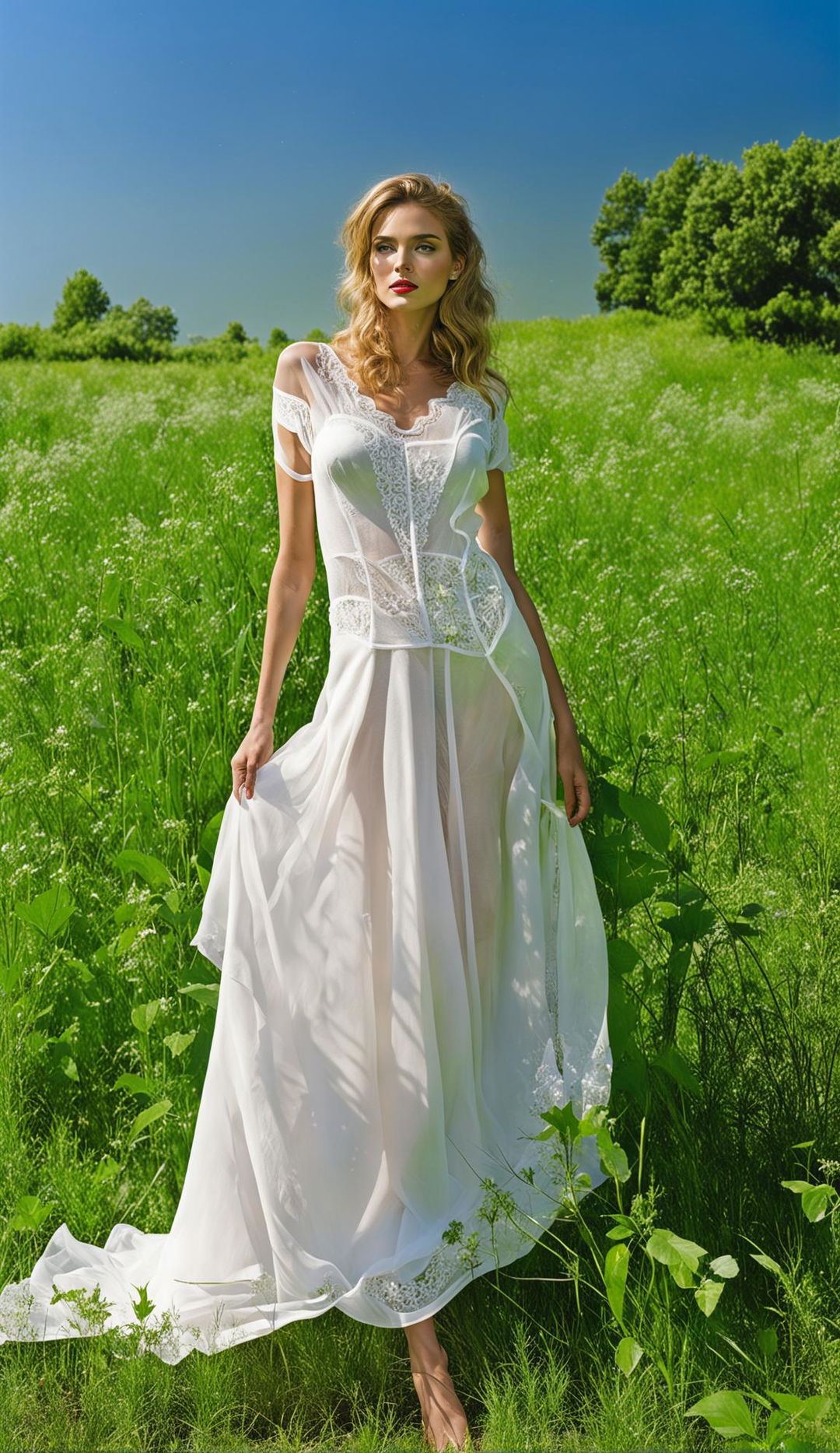 A beautiful model in a flowing white dress stands in a lush green meadow under a clear blue sky. Her radiant beauty is accentuated by the natural surroundings and soft lighting.