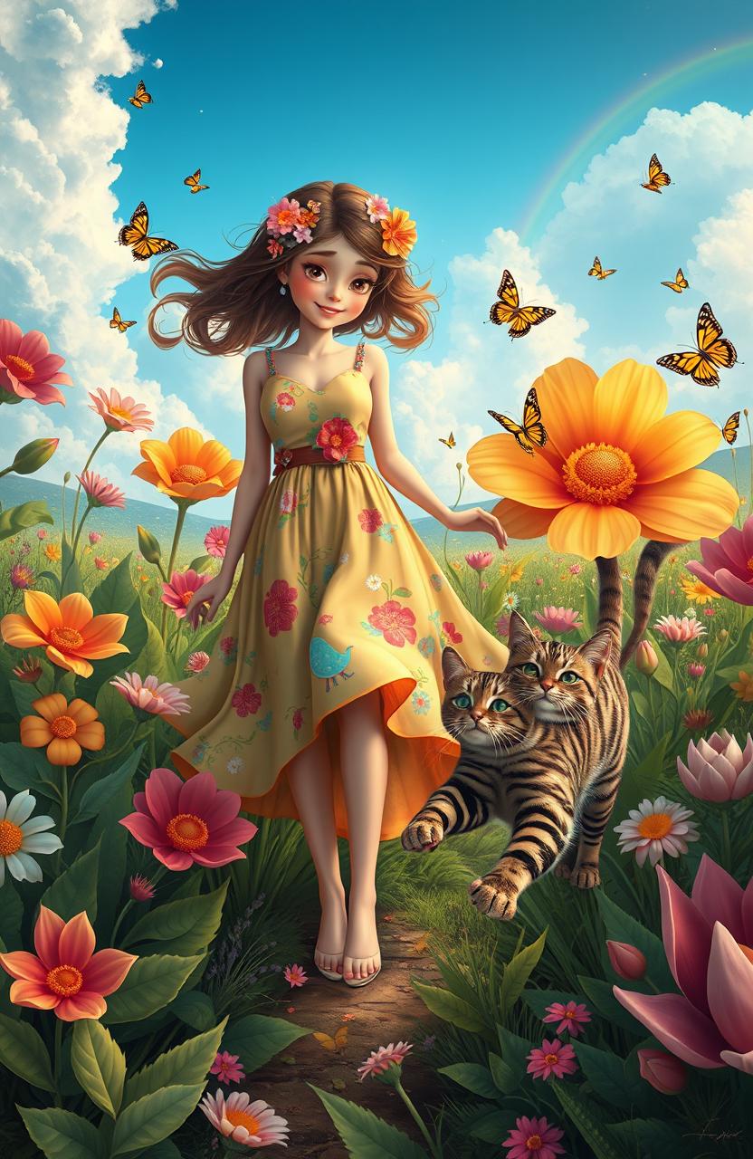 A whimsical and adventurous scene featuring a lady in a flowing, colorful dress, depicting a sense of joy and curiosity