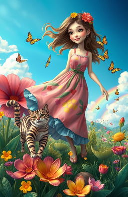 A whimsical and adventurous scene featuring a lady in a flowing, colorful dress, depicting a sense of joy and curiosity
