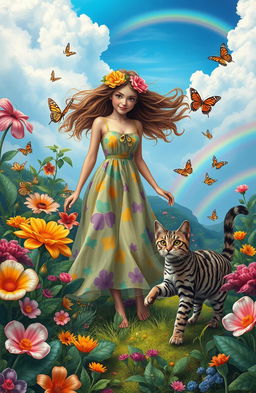 A whimsical and adventurous scene featuring a lady in a flowing, colorful dress, depicting a sense of joy and curiosity