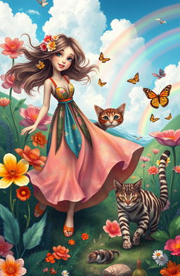 A whimsical and adventurous scene featuring a lady in a flowing, colorful dress, depicting a sense of joy and curiosity
