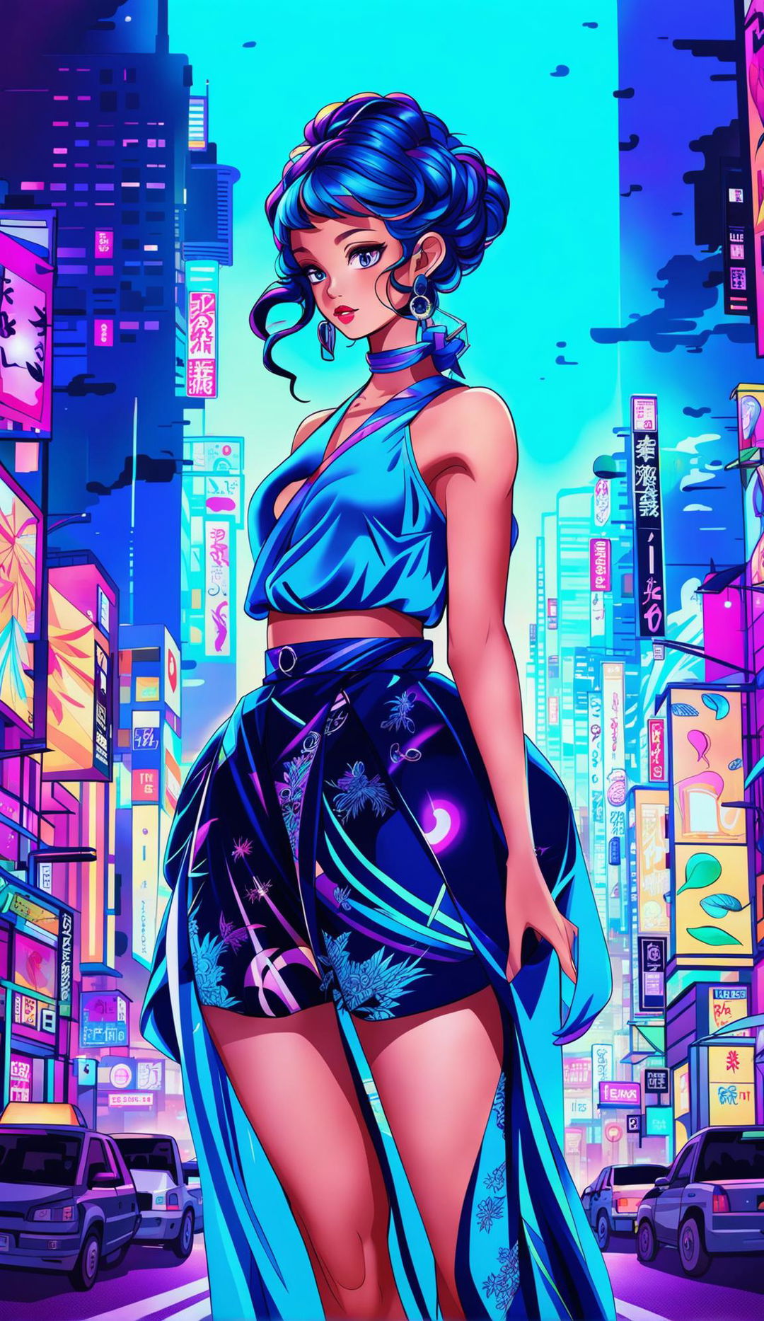 A voluptuous anime model in futuristic attire stands confidently in a neon-lit cityscape.