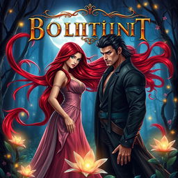 A romantic fantasy book cover featuring a powerful sorceress with the ability to manipulate blood, standing elegantly in a moonlit glade