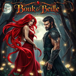 A romantic fantasy book cover featuring a powerful sorceress with the ability to manipulate blood, standing elegantly in a moonlit glade