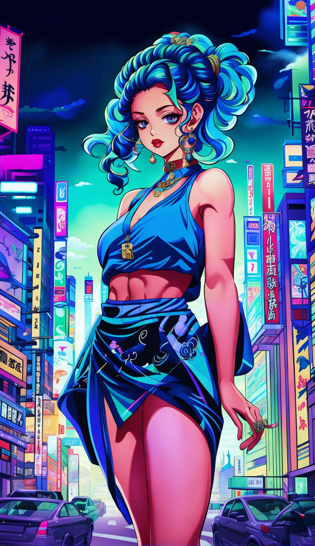 A larger-than-life voluptuous anime model in futuristic attire dominates a neon-lit cityscape.