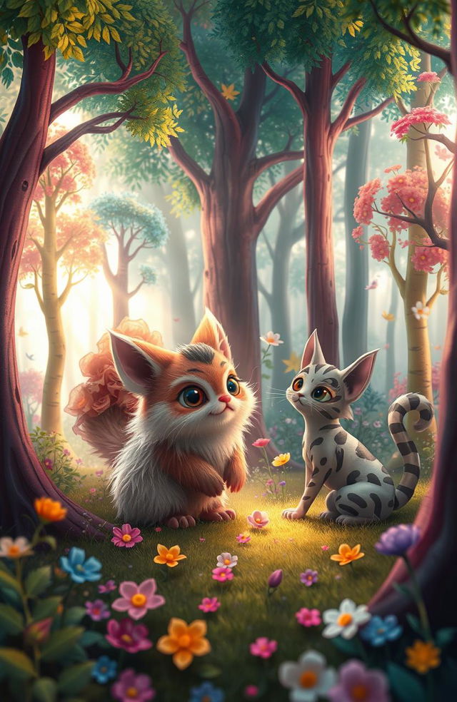 A whimsical forest filled with vibrant, colorful trees and playful, magical creatures