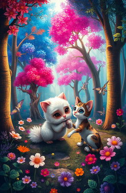 A whimsical forest filled with vibrant, colorful trees and playful, magical creatures