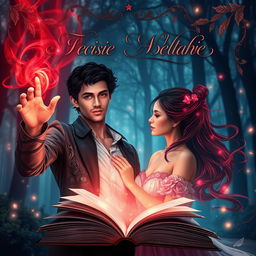 A mystical fantasy scene showcasing a romantic duo where he possesses the power of blood manipulation and she has the ability to shapeshift