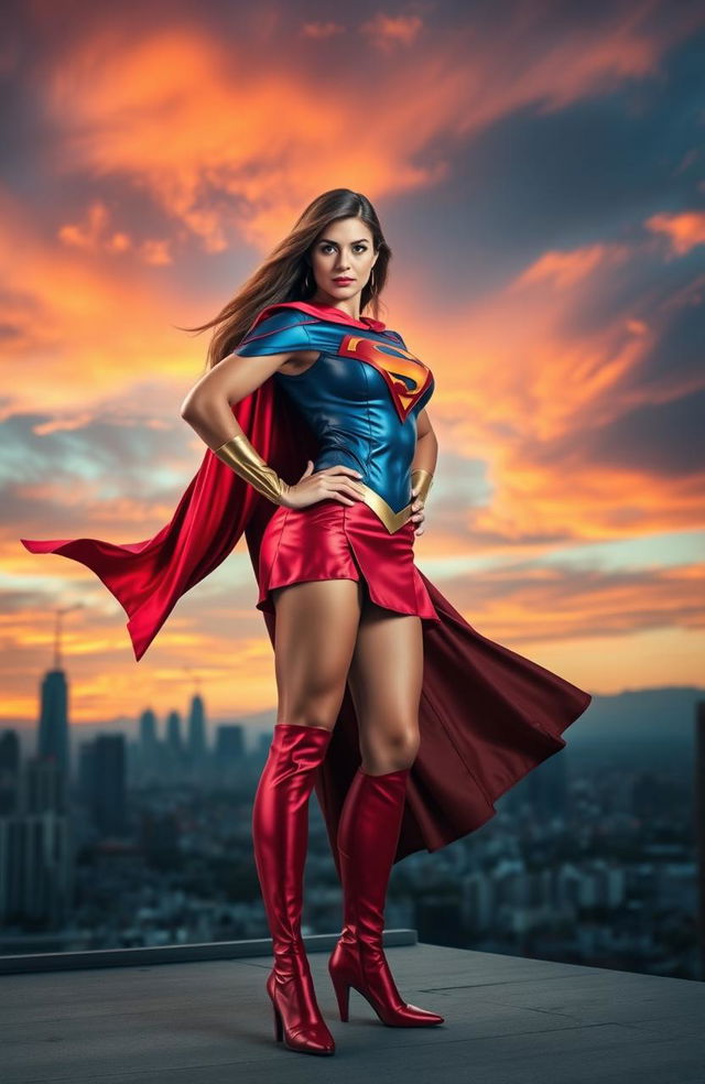 A superheroine named Super Sarah, featuring a strong and confident woman in a striking, colorful costume with a flowing cape