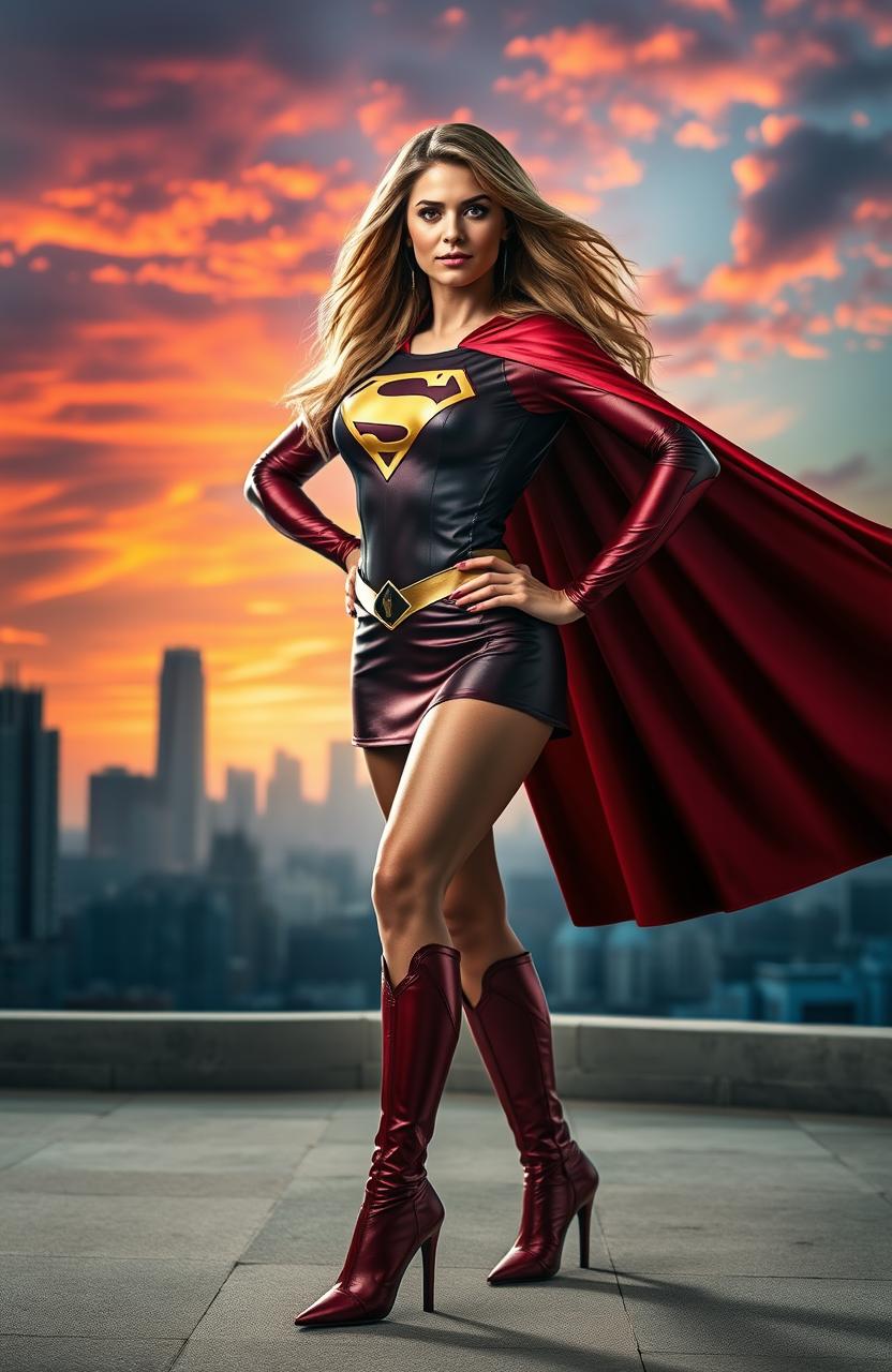 A superheroine named Super Sarah, featuring a strong and confident woman in a striking, colorful costume with a flowing cape