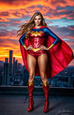 A superheroine named Super Sarah, featuring a strong and confident woman in a striking, colorful costume with a flowing cape