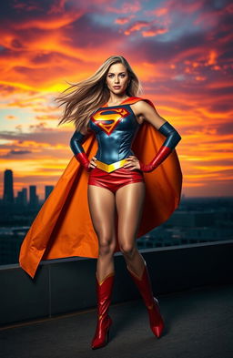 A superheroine named Super Sarah, featuring a strong and confident woman in a striking, colorful costume with a flowing cape