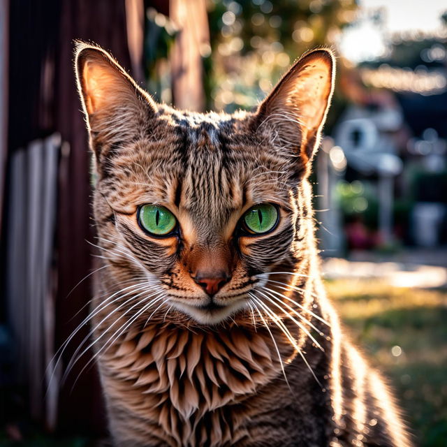 High-resolution photograph of an orange suburban pet cat, captured with Canon EOS R5 with RF 100mm f/2.8L Macro IS USM Lens at an ideal aperture of f/4 to f/5.6, set against a typical suburban backdrop.