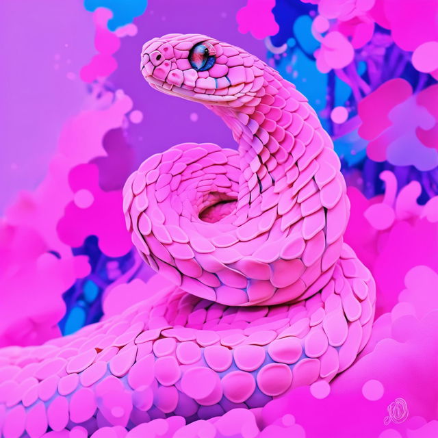 A pastel pink snake in a dreamy pastel-colored background.