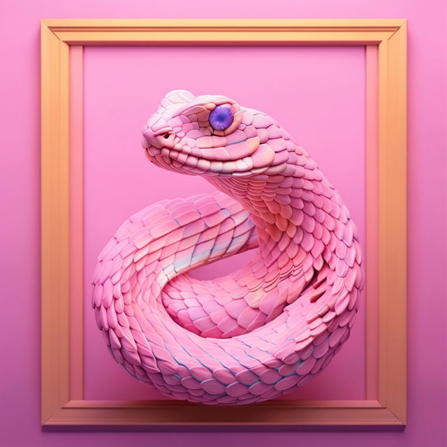 A Wes Anderson-inspired digital art piece featuring a pastel pink snake against a symmetrical pastel-colored background.