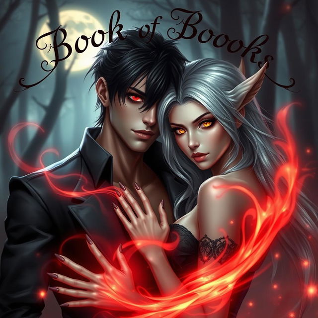 A striking fantasy scene featuring a romantic duo