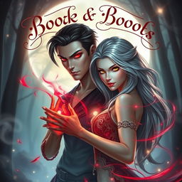 A striking fantasy scene featuring a romantic duo
