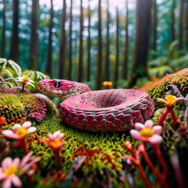 32k resolution nature photograph featuring a vibrant pink snake slithering across a mossy forest floor.