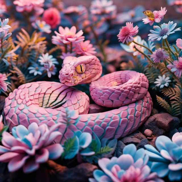 Pastel-themed nature photograph featuring a second pink snake in a serene garden setting.