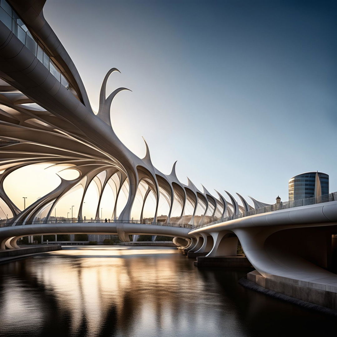 A futuristic cityscape featuring a Santiago Calatrava and Antonio Gaudi-inspired bridge with intriguing shadows cast by the sun on its concrete form. The sparkling river beneath complements the architectural marvel above. Captured with a professional camera set to manual mode, f/8, ISO 200.