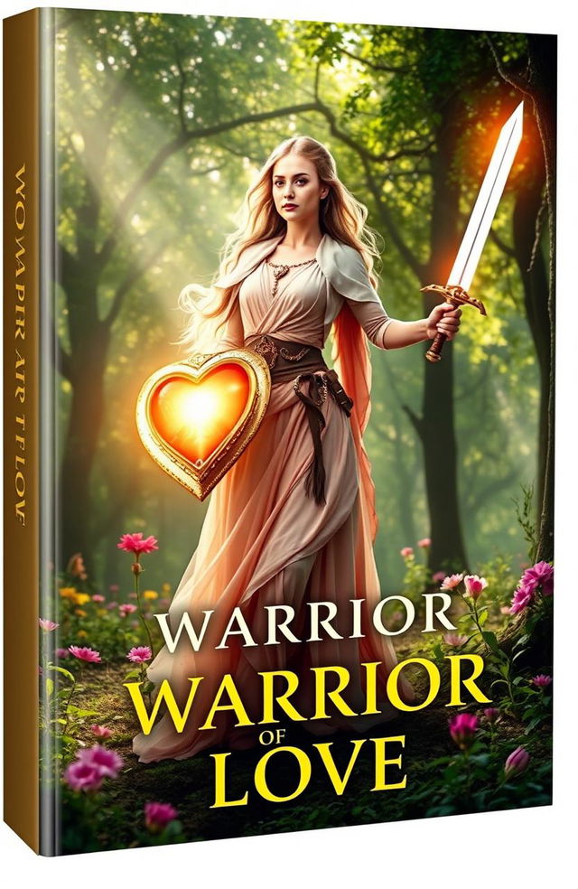 A captivating book cover for "Warrior Of Love" showcasing a strong but gentle warrior standing tall in a lush, mystical forest