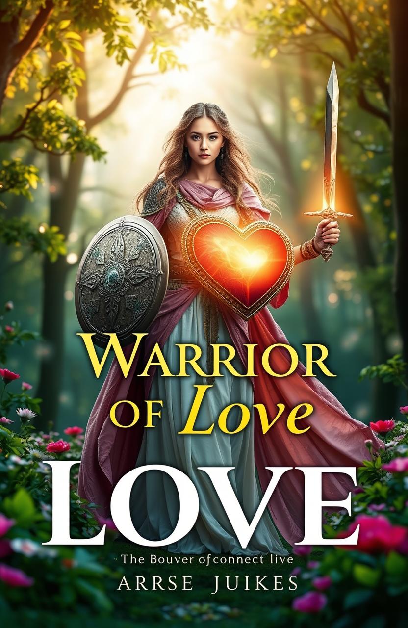 A captivating book cover for "Warrior Of Love" showcasing a strong but gentle warrior standing tall in a lush, mystical forest