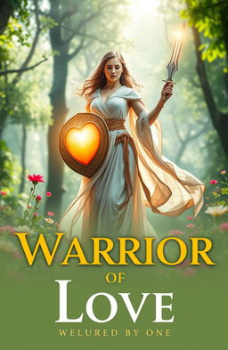 A captivating book cover for "Warrior Of Love" showcasing a strong but gentle warrior standing tall in a lush, mystical forest