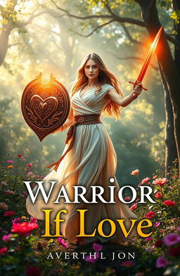 A captivating book cover for "Warrior Of Love" showcasing a strong but gentle warrior standing tall in a lush, mystical forest
