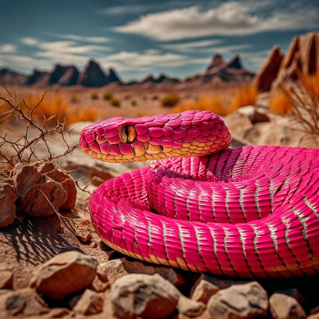 High-resolution image of a bright pink rattlesnake in the stark desert landscape.