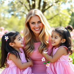 A warm and charming scene featuring a beautiful 40-year-old lady with long, flowing blonde hair and captivating blue eyes