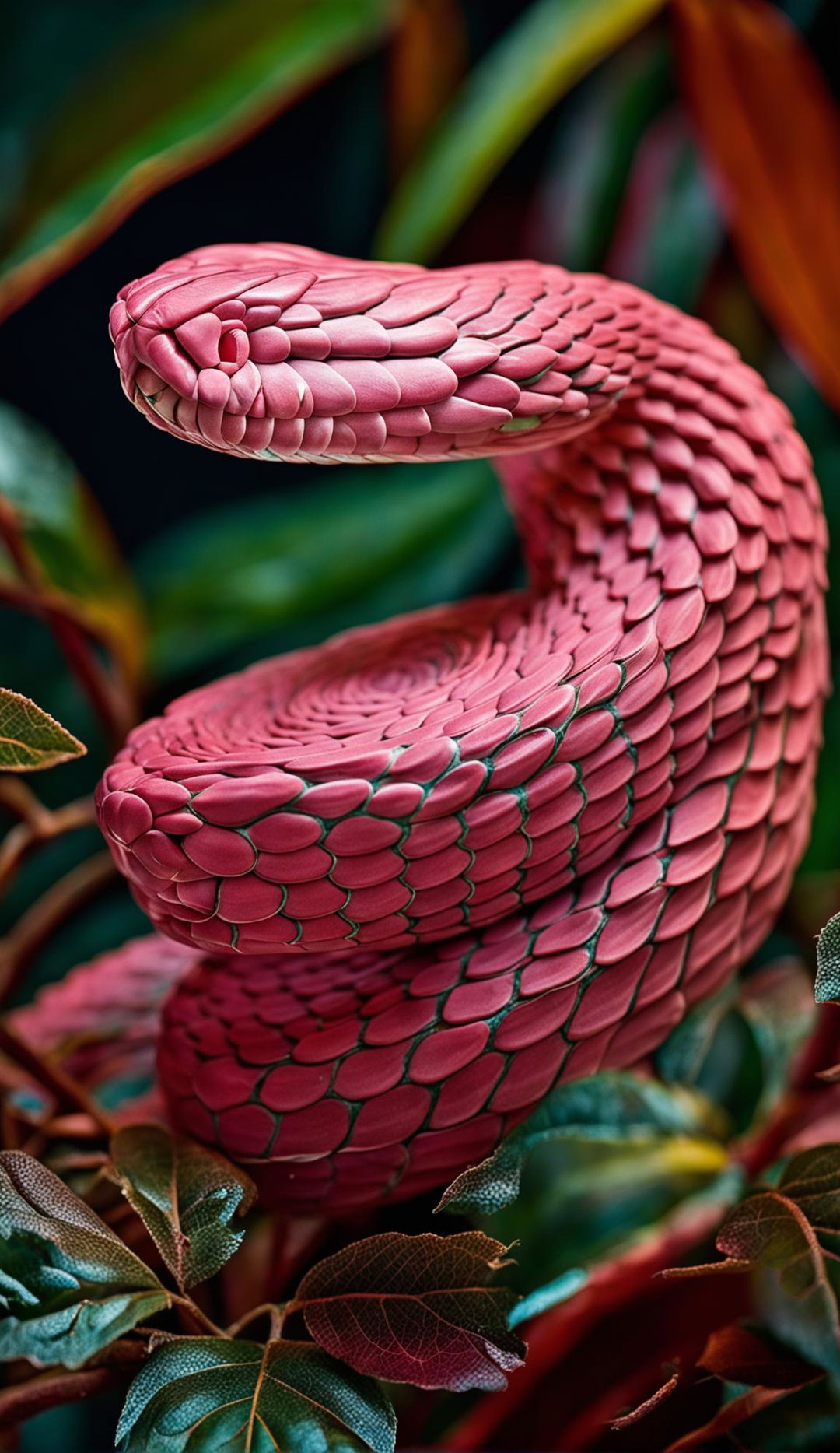 High-definition nature photograph featuring a vibrant pink snake against lush greenery, with perfect lighting composition and an editorial magazine vibe.