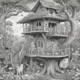 Two-dimensional, black and white cartoon-style colouring page of a Down syndrome Barbie fairy living in paradise in a big open treehouse alongside many different animals.