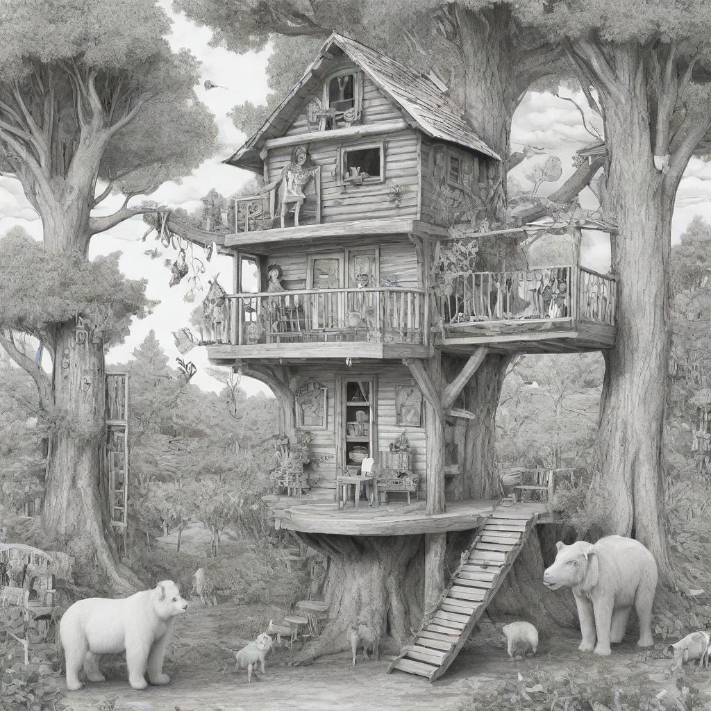 Two-dimensional, black and white cartoon-style colouring page of a Down syndrome Barbie fairy living in paradise in a big open treehouse alongside many different animals.