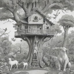 Two-dimensional, black and white cartoon-style colouring page of a Down syndrome Barbie fairy living in paradise in a big open treehouse alongside many different animals.