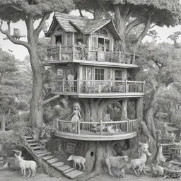 Two-dimensional, black and white cartoon-style colouring page of a Down syndrome Barbie fairy living in paradise in a big open treehouse alongside many different animals.