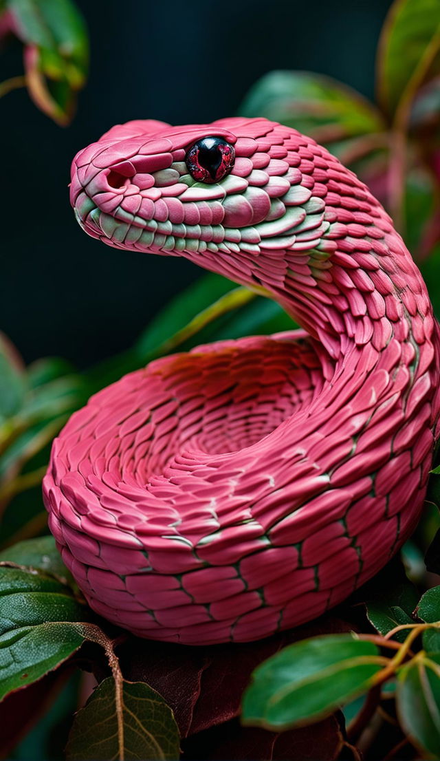 High-definition nature photograph featuring a vibrant pink snake against a lush green background, with perfect lighting composition and a pink aesthetic reminiscent of a National Geographic magazine cover.