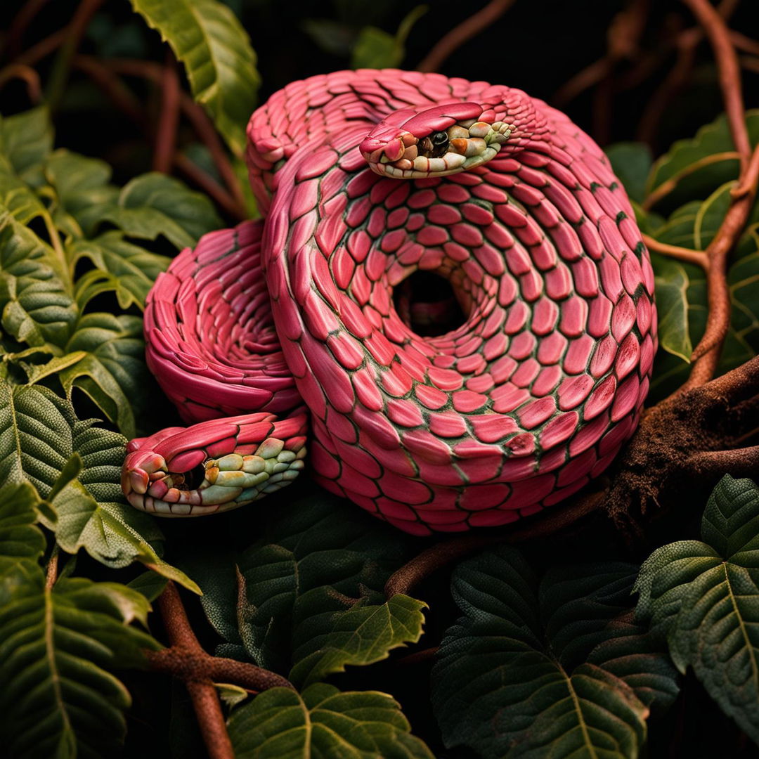 High-definition nature photograph featuring two vibrant pink snakes; one coiled on the forest floor and another draped over a vine, against a lush green background with perfect lighting composition and a pink aesthetic reminiscent of a National Geographic magazine cover.