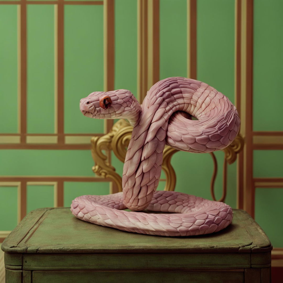 A lavender-pink snake coiled on a vintage wooden table against a backdrop of pastel-colored wallpaper in a Wes Anderson-inspired setting.