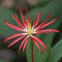 A beautiful, vibrant spider lily. The delicate petals radiate from the center like spindly legs, showcasing its intricate patterns and rich red color under clear, shimmering daylight.