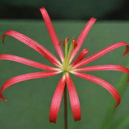 A beautiful, vibrant spider lily. The delicate petals radiate from the center like spindly legs, showcasing its intricate patterns and rich red color under clear, shimmering daylight.