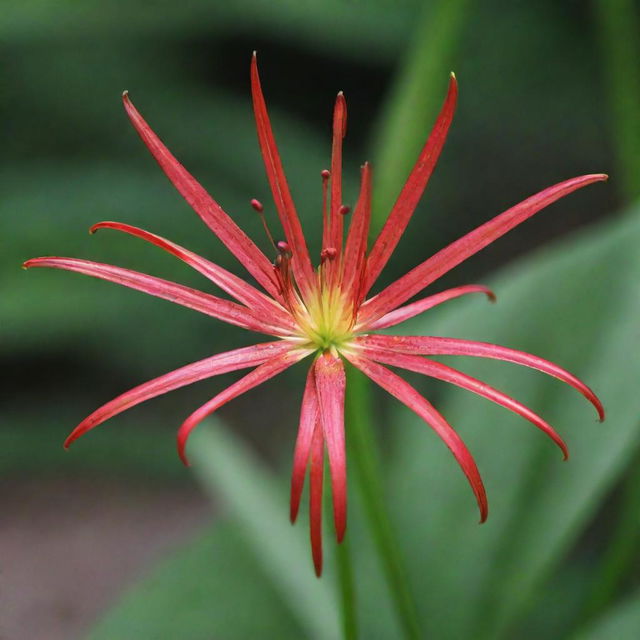 A beautiful, vibrant spider lily. The delicate petals radiate from the center like spindly legs, showcasing its intricate patterns and rich red color under clear, shimmering daylight.