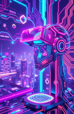 A futuristic AI interface with vibrant neon colors, glowing circuit patterns, and holographic elements, showcasing a sleek metallic design
