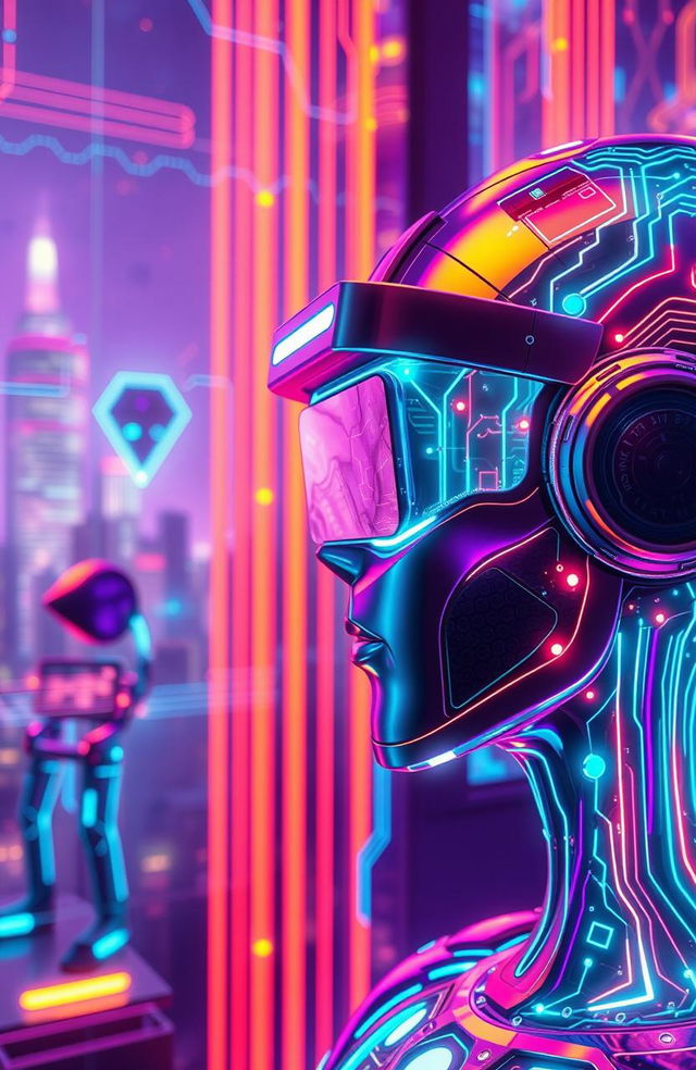 A futuristic AI interface with vibrant neon colors, glowing circuit patterns, and holographic elements, showcasing a sleek metallic design