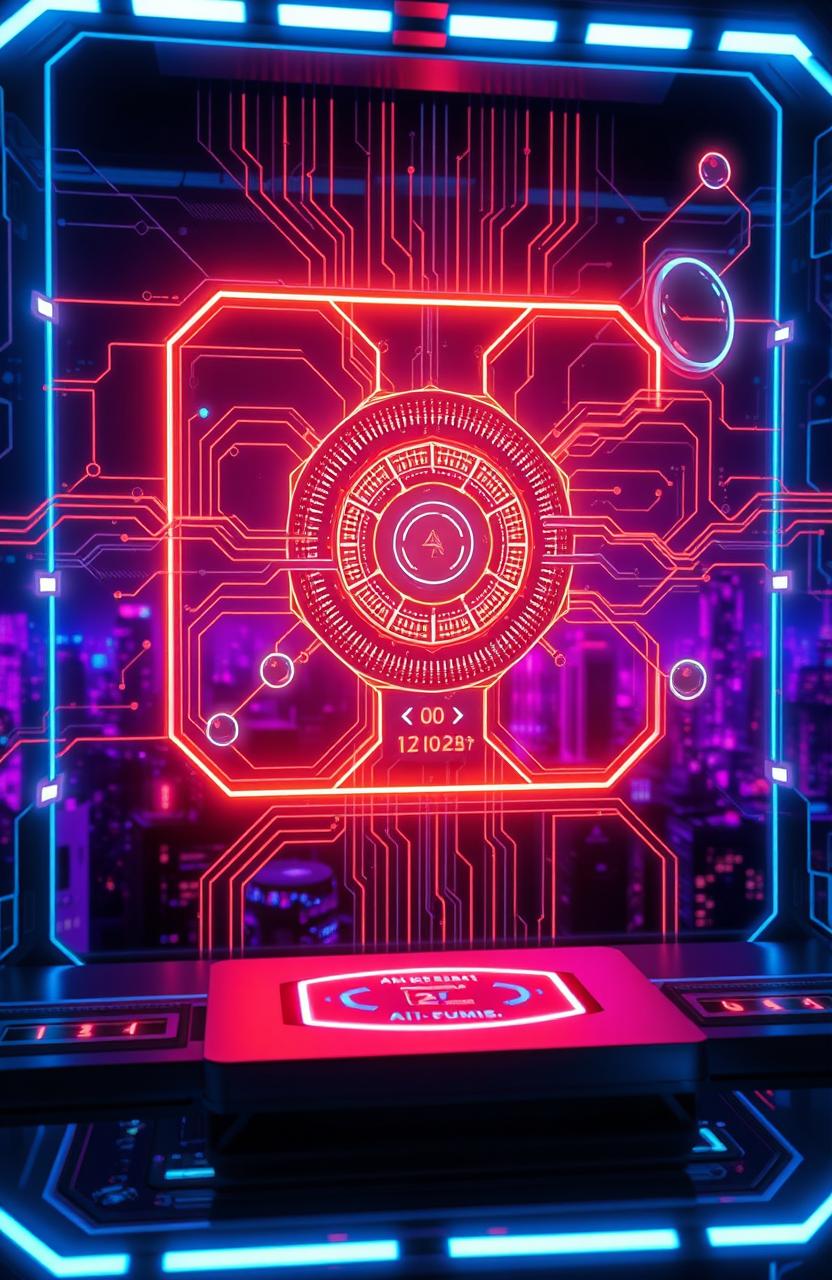 A futuristic AI interface with vibrant neon colors, glowing circuit patterns, and holographic elements, showcasing a sleek metallic design