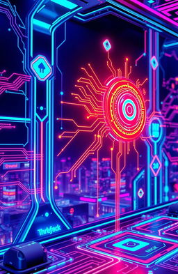 A futuristic AI interface with vibrant neon colors, glowing circuit patterns, and holographic elements, showcasing a sleek metallic design